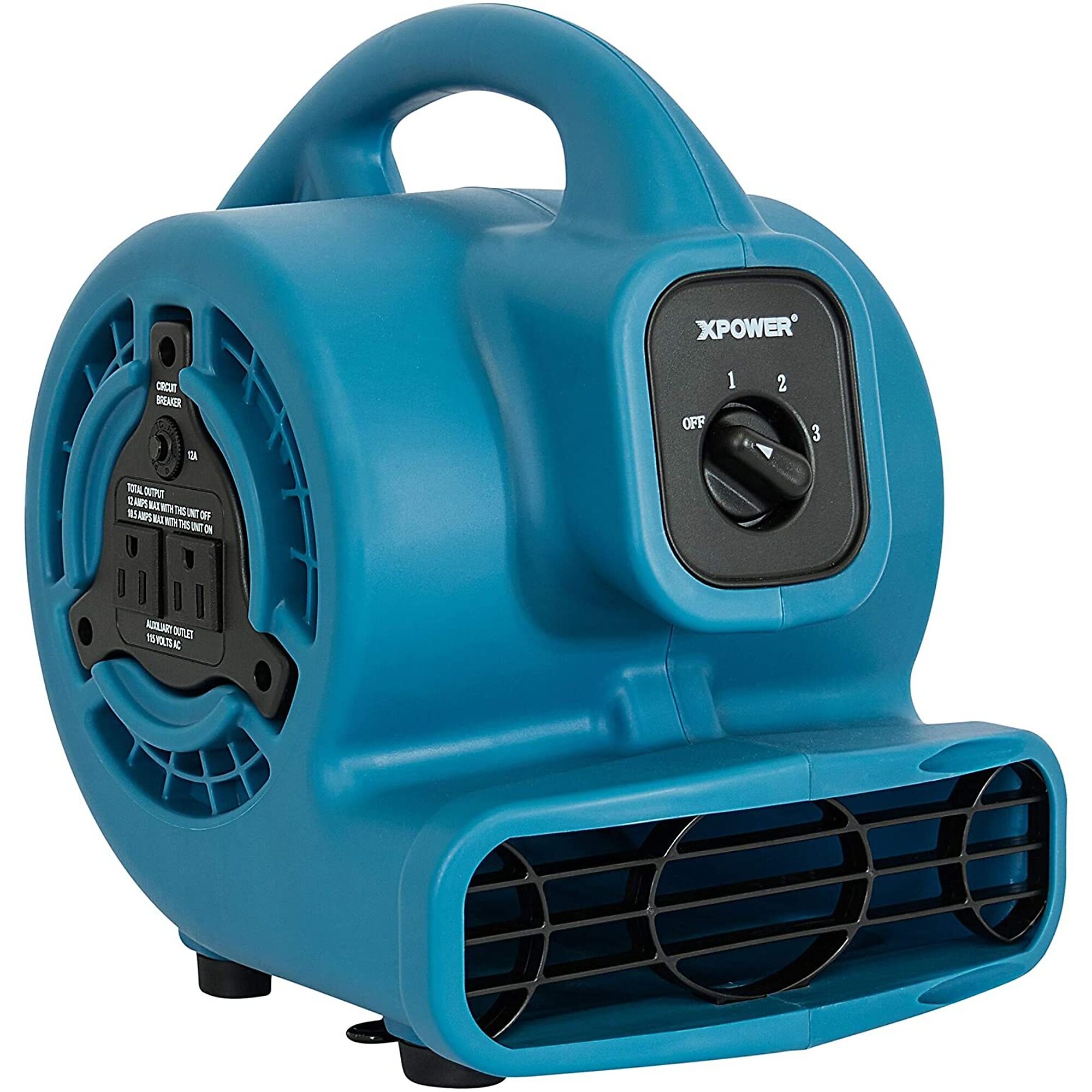 XPOWER P-80A 600 CFM Multi-Purpose Mini Mighty Air Mover, Utility Fan, Dryer, Blower with Built-in Power Outlets - Blue